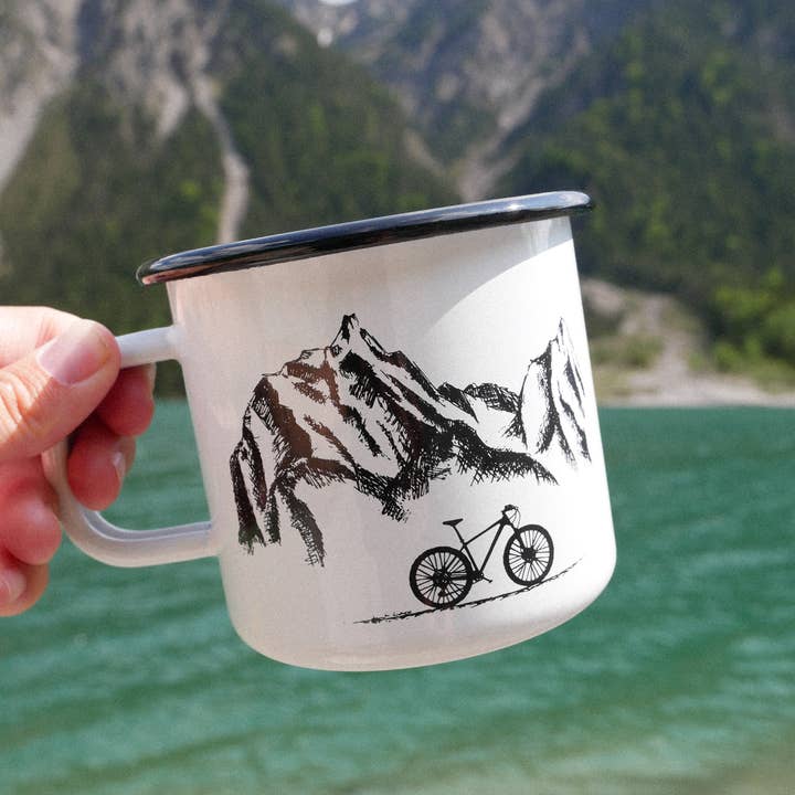 Hannibelle - Wholesale Coffee/Tea Cup - Enamel Mug Mountains and Bike