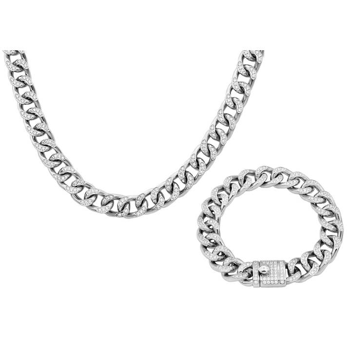 Mens Stainless Steel Curb Link Chain Set With Cubic Zirconia for wholesale by Blackjack Mens Jewelry