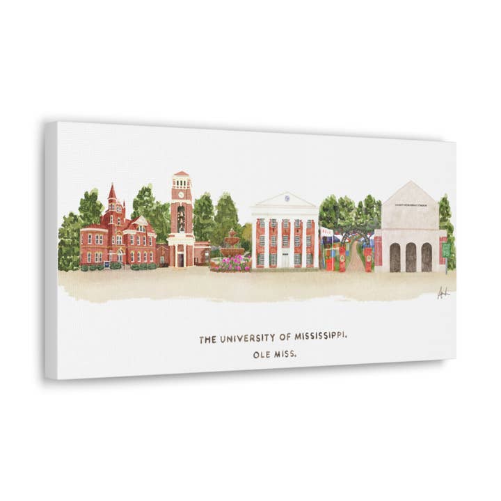 Ole Miss Watercolor Skyline Landmark Art Canvas Gallery Wrap for wholesale by Carper Creative Co.