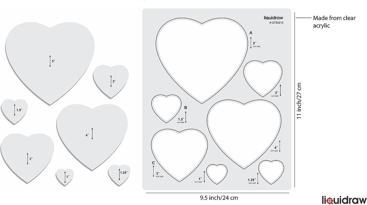 Liquidraw – wholesale Craft tool – Liquidraw Quilting Templates & Rulers for Patchwork Acrylic Stencils Set Hexagon, Hearts, Square & Circle (Hearts)1