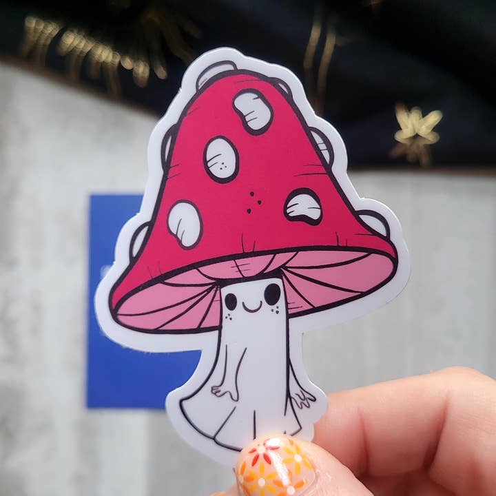 Mushroom Ghost Vinyl Waterproof Sticker for wholesale by by Sarah Simpson