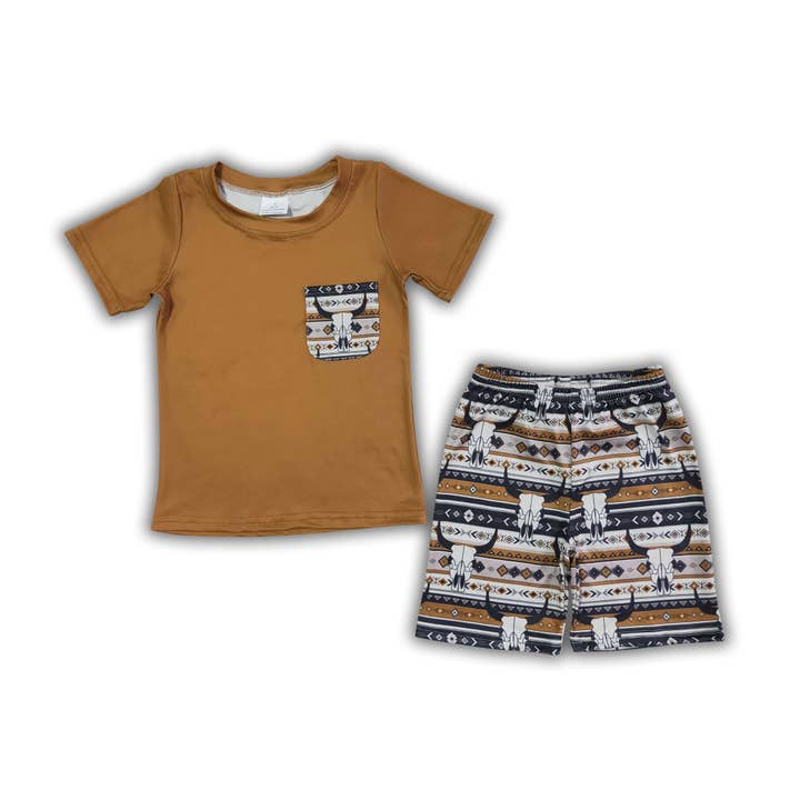 Yawoo Garments - Wholesale Top & Short Set - Kids - Bull skull pocket boy summer clothing set