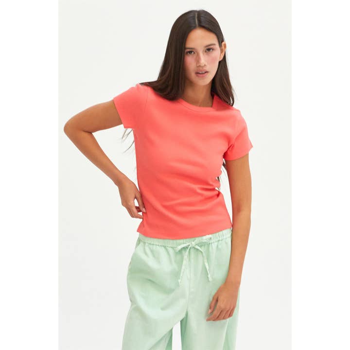 HYFVE - Wholesale Shirt - Women's - DZ25A905-Ribbed Crew Neck Short Sleeve Top