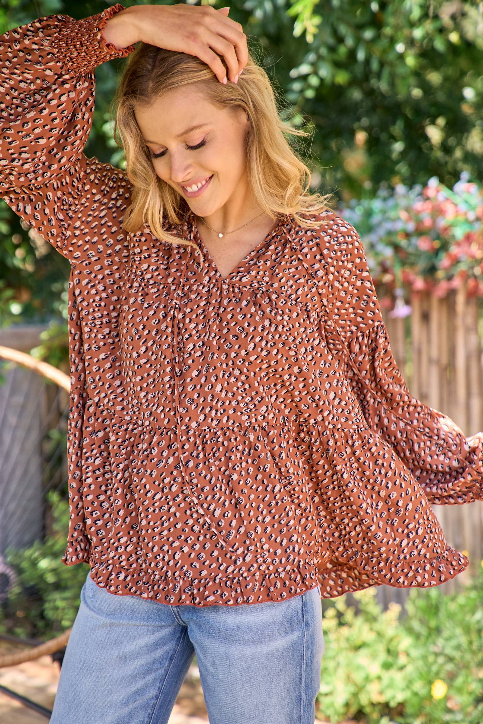 Brown Long sleeve baby doll blouse-IT9367 for wholesale on Faire1