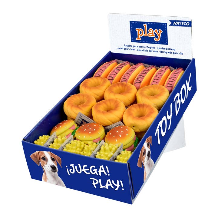 Fast Food legetøjskasse med 42 enheder - latex hundelegetøj for engroshandel hos Nayeco