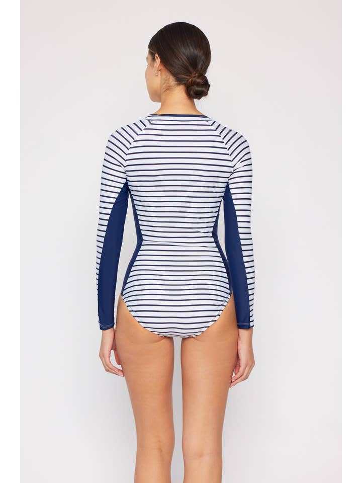 MARINA WEST SWIM - Wholesale Rashguard - Women’s - Long Sleeve Rashguard W/ Zipper-F1814_Stripe Navy1