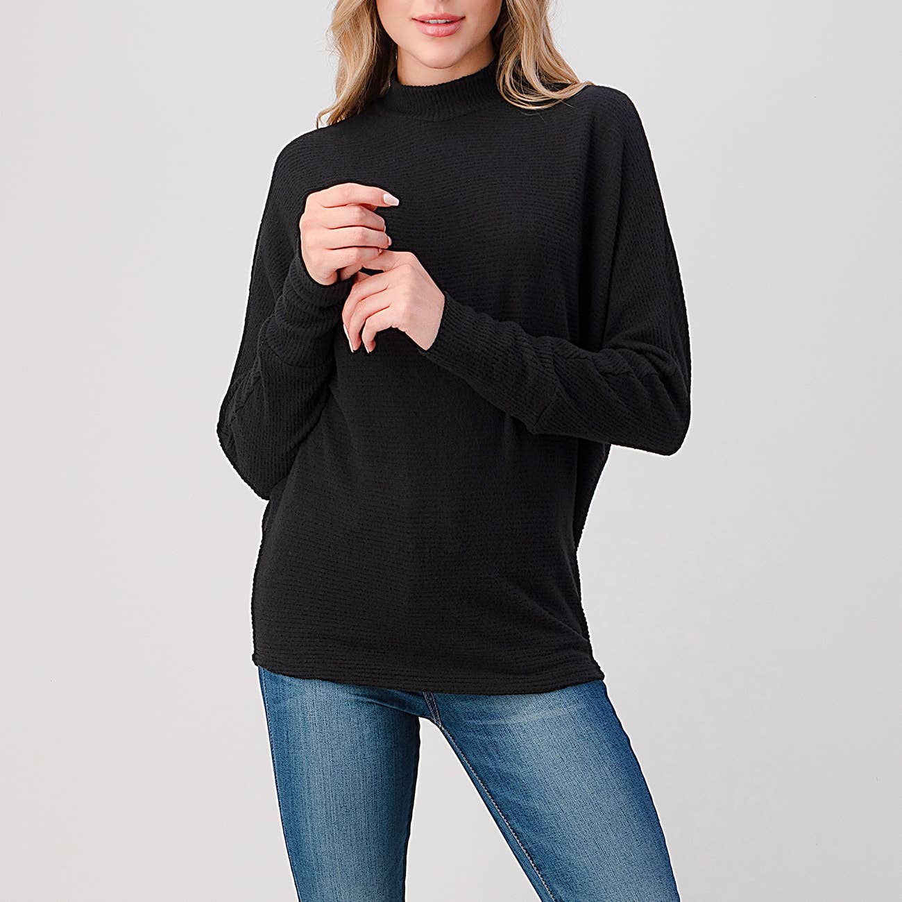 Heimious - Wholesale Knit Top - Women's - Mock Neck Long Dolman Sleeve Ribbed Knit Top, T26153