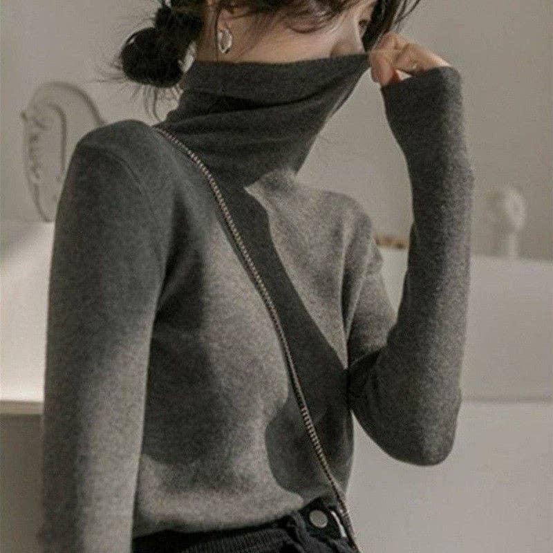 Plush Looks - Wholesale Pullover-trui - Dames - Stijlvolle effen gebreide slim fit trui met opstaande kraag0