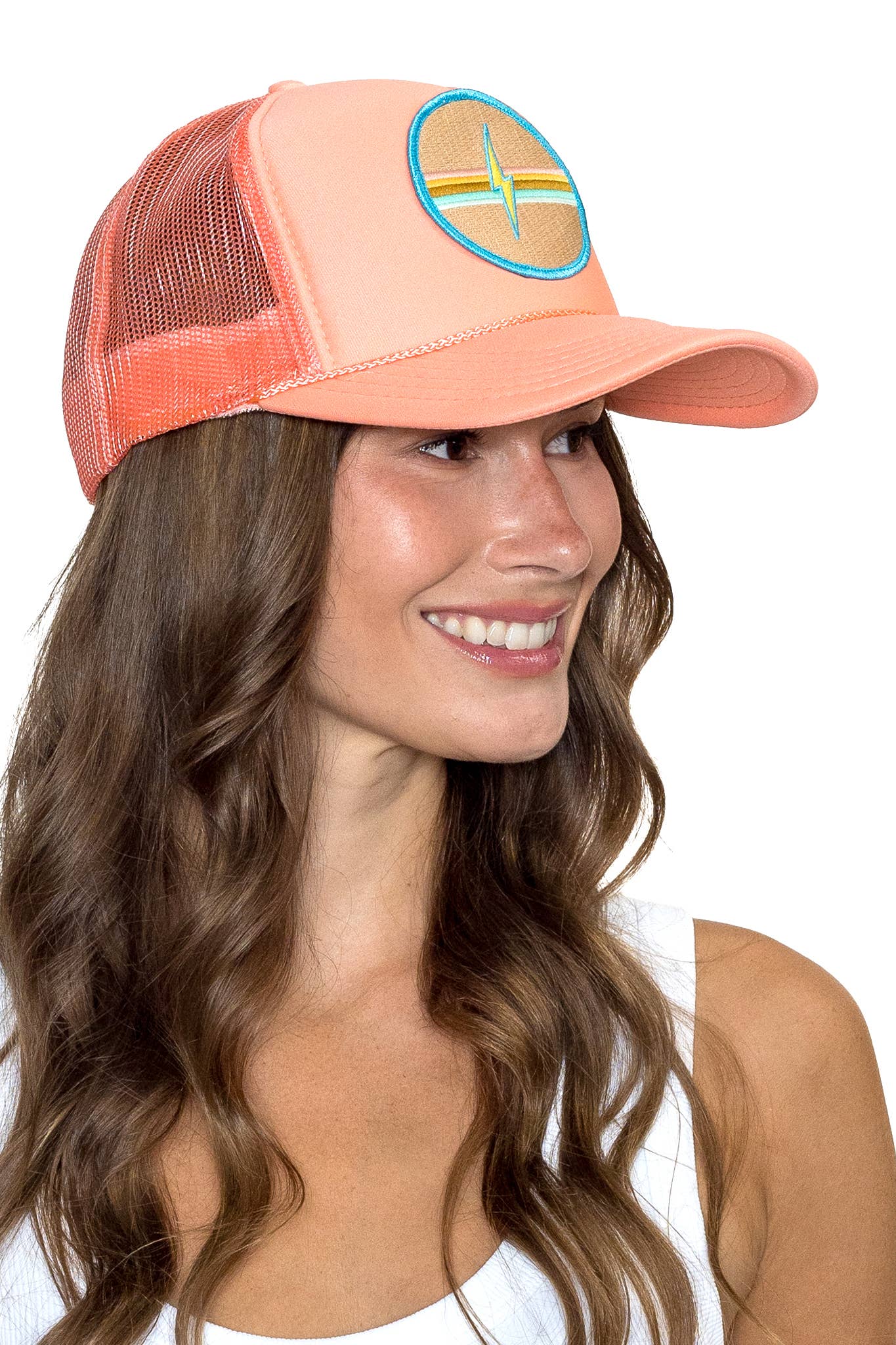 Electric Rainbow Trucker Hat in Coral for wholesale on Faire2