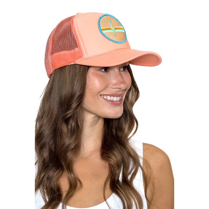 Electric Rainbow Trucker Hat in Coral for wholesale on Faire2