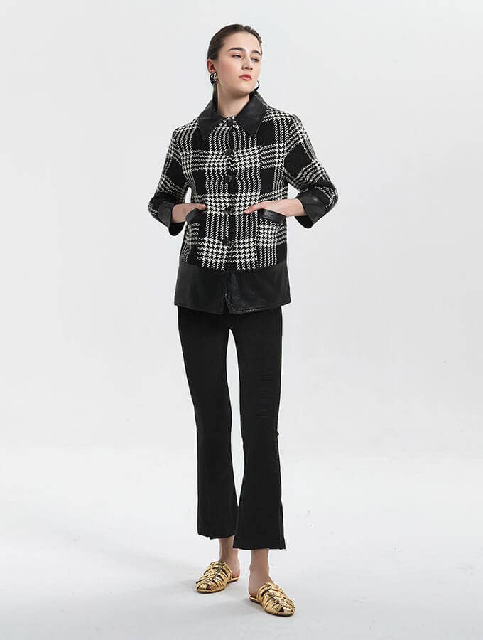 Black PU and Plaid Wool Casual Coat for wholesale on Faire5