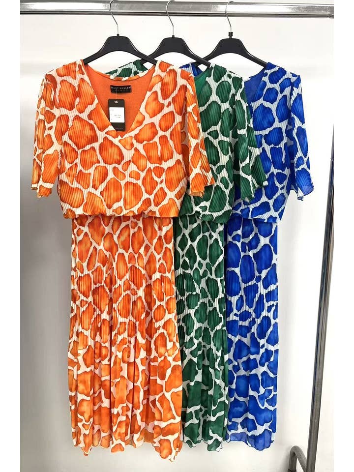 Orange Tonal Pebble Giraffe Plissee Layered Midaxi Dress for wholesale on Faire
