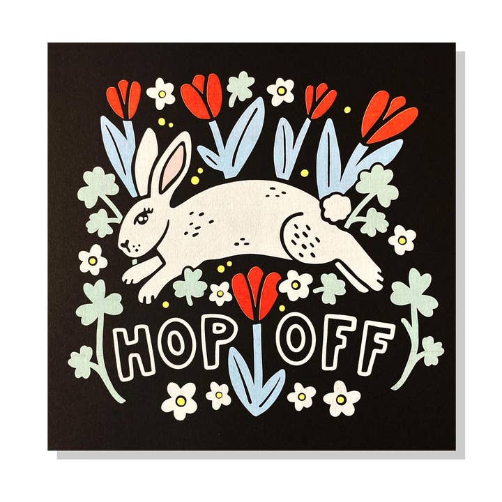 Hop Off Springtime Kunstdruck auf schwarzem Papier, 8,5 „x 8,5" für den Großhandel von Lauren Marvell Illustrations