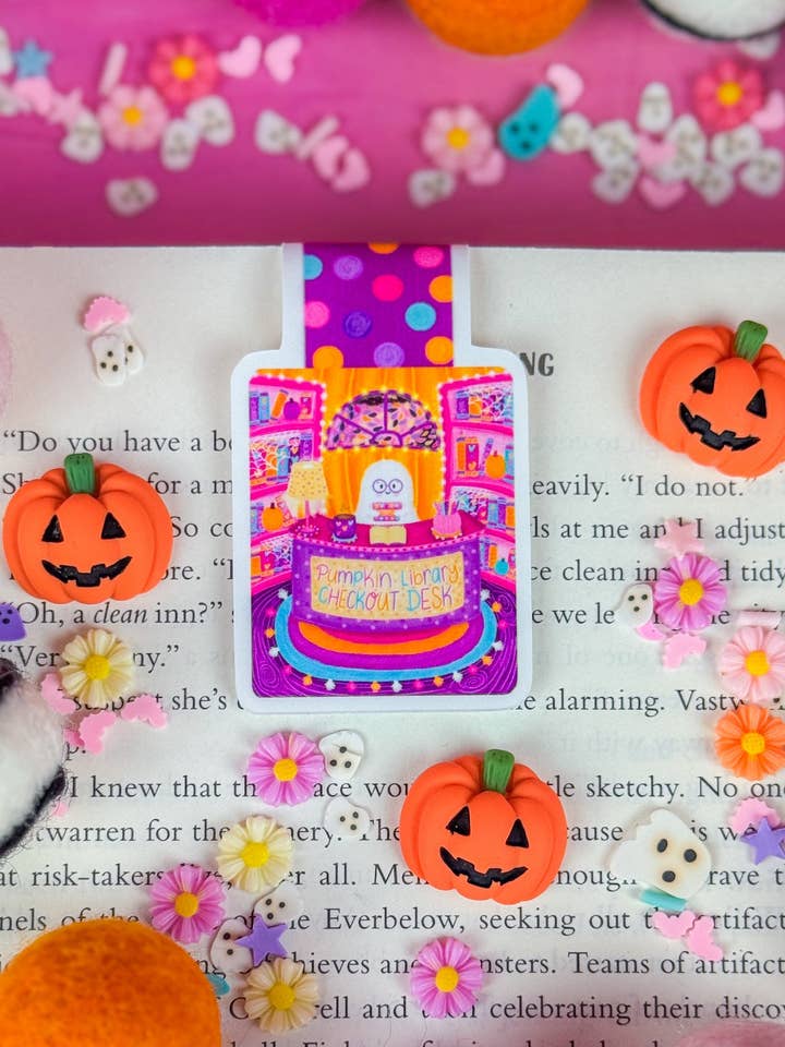 Pumpkin Library Checkout Desk Magnetic Bookmark for wholesale by Emily Cromwell Designs