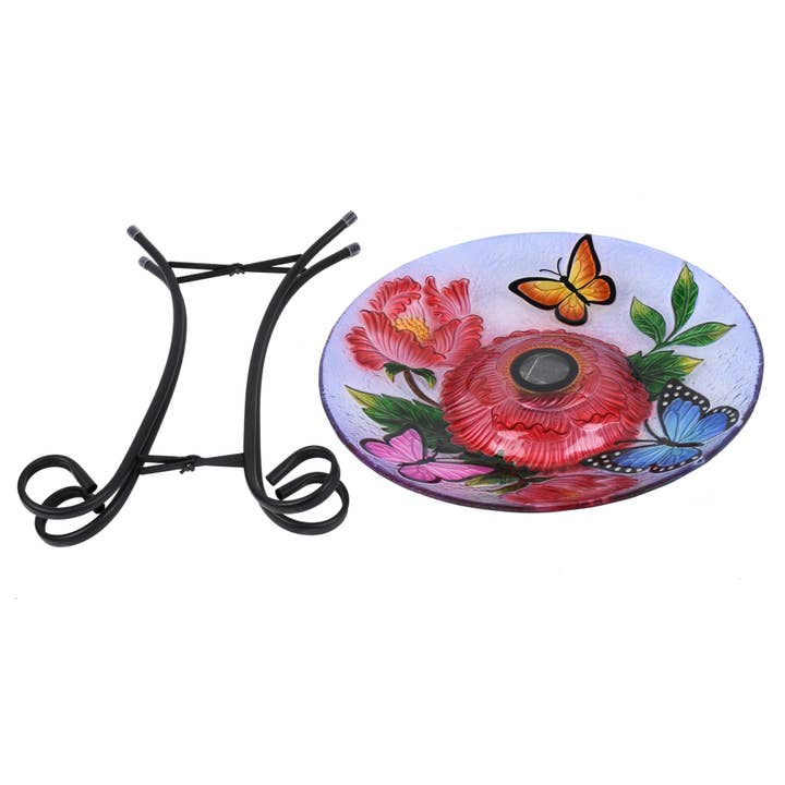 Hi-Line Gift Ltd. - Wholesale Bird Bath - Solar Led Floral Glass Bird Bath - Butterflies & Peonies