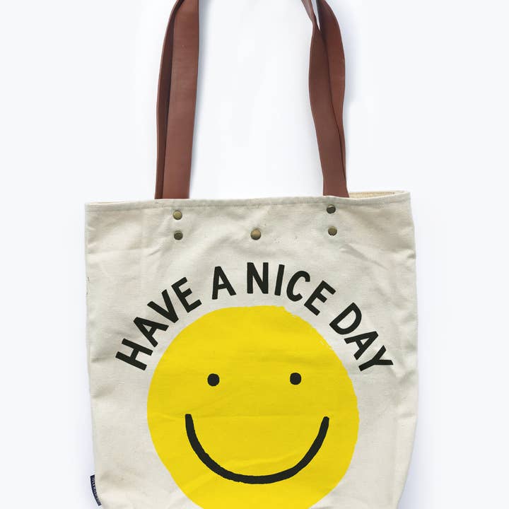 Idlewild Co. - Wholesale Tote Bag - Women's - Smiley Canvas Tote Bag with Vegan Leather Handles4