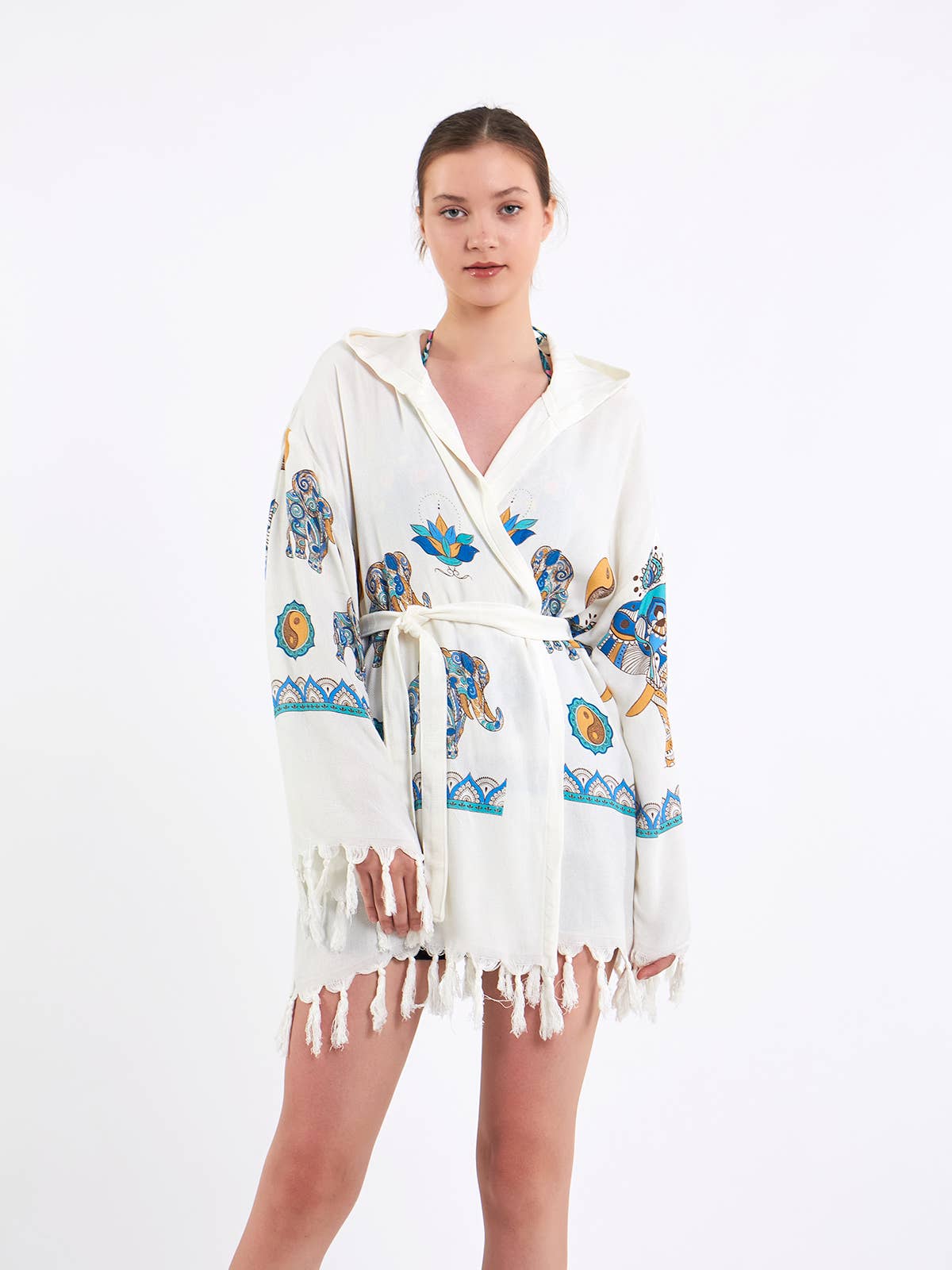 Yaz Concepts - Wholesale Beach Towel - Elephant and Yin Yang Hooded Pareo Wrap Short Turkish Robe0