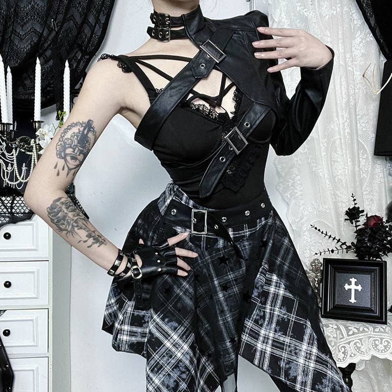 Negro Top de poliéster de un solo hombro estilo punk vintage de venta al por mayor en Faire3