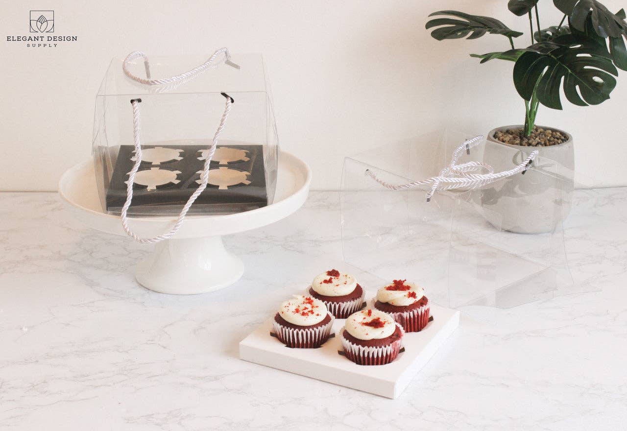 Elegant Design Supply - Vendita all'ingrosso Pirottini per cupcake/muffin - Scatola trasparente per 4 cupcake standard con corde (set di 2)4