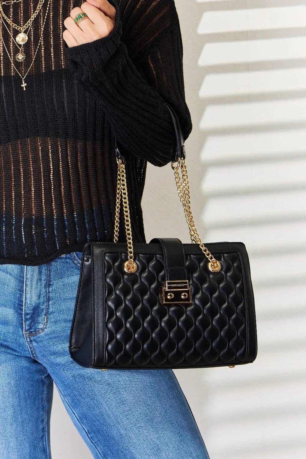 Black David Jones Quilted PU Leather Handbag for wholesale on Faire4