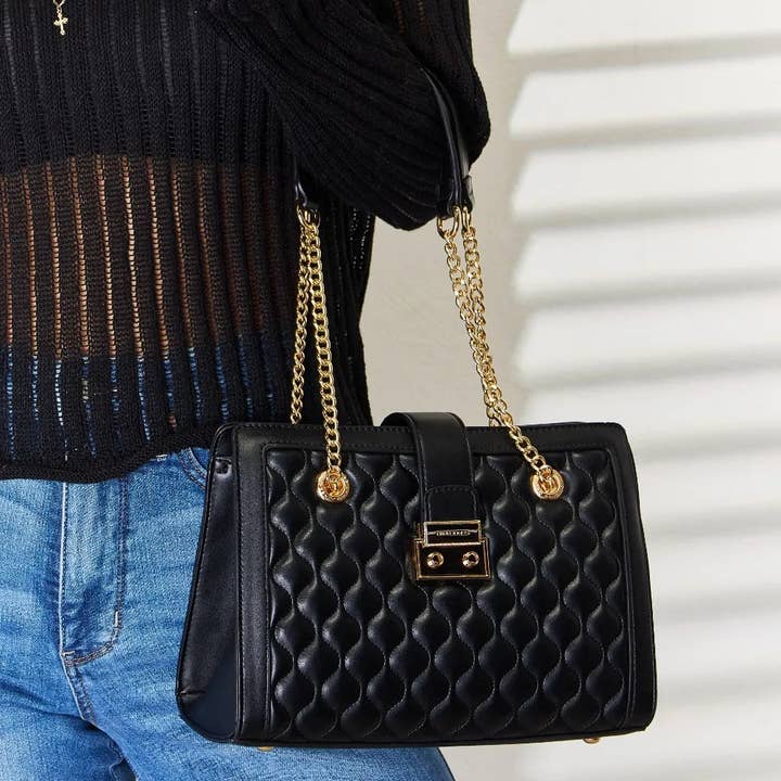 Black David Jones Quilted PU Leather Handbag for wholesale on Faire4