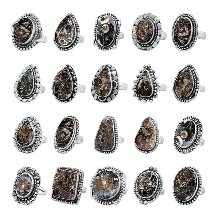 Turritella Jasper Rings – Handmade, Silver-Plated, Fossil Swirl (US Sizes 6–10, Made to Order) for wholesale by Handmade Jewels