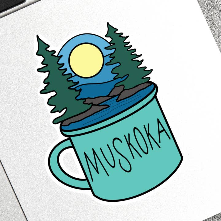 Muskoka Camp Mug Style Vinyl Waterproof Sticker for wholesale by Little Cabins Creative Co