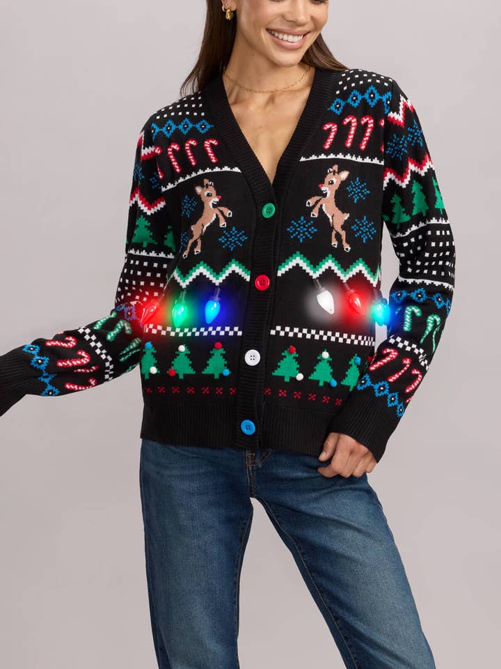 Cardigan LED Fair Isle Rudolph - Maglione di Natale da donna per la vendita all'ingrosso da parte di Tipsy Elves