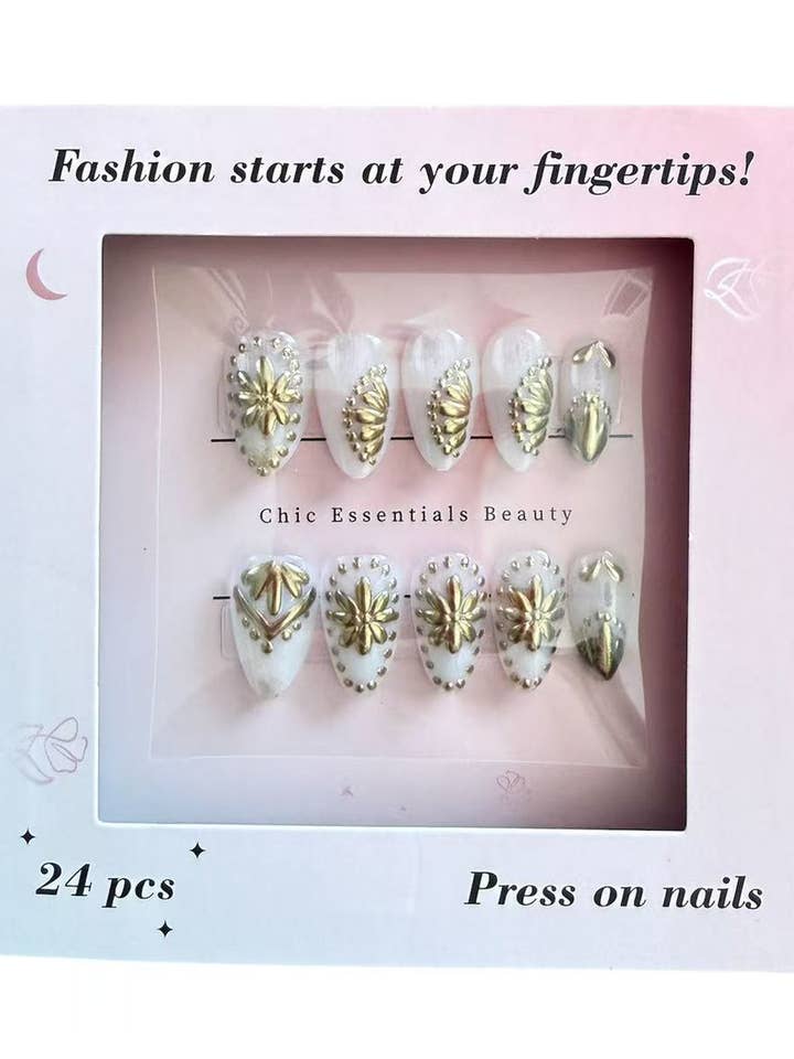 White Gold Floral Press On Nails (24pcs) for wholesale by Chic Essentials Beauty