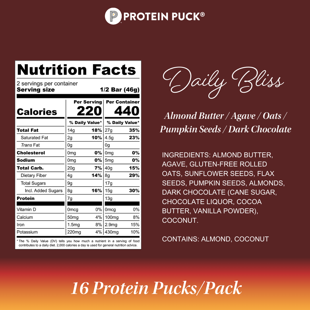 Protein Puck - Wholesale Snack Bar - Daily Bliss (Almond, Dark Chocolate) (16 - 3.25oz Bars)2
