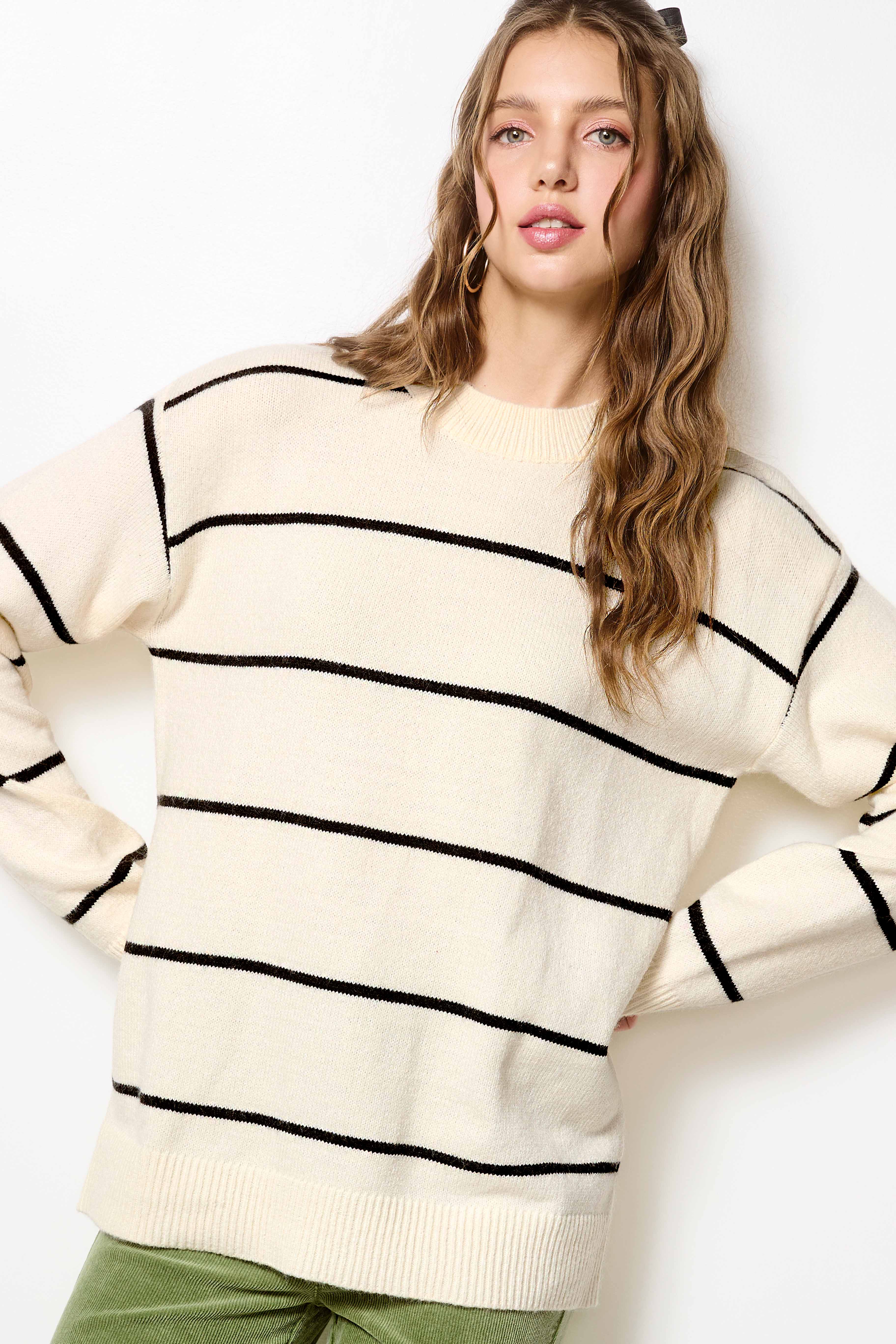 La Miel - Wholesale Knit Sweater - Women's - HCS3553-Loose Fit Stripe Long Sleeve Crewneck Sweater16