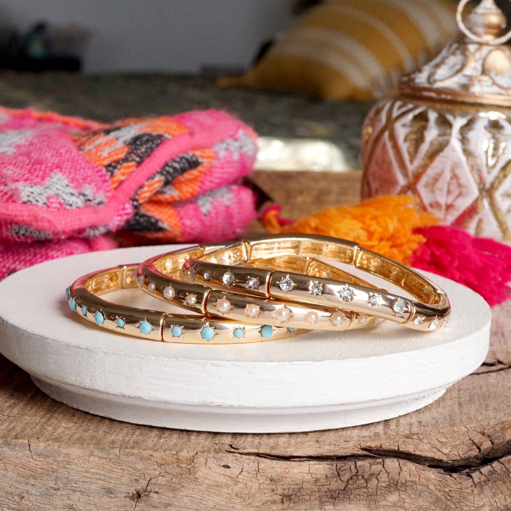 PennyLine inc - Wholesale Bangle Bracelet - Gold-Tone Eternity Stretch Bangle – Pearls, Turquoise, or Crystals13