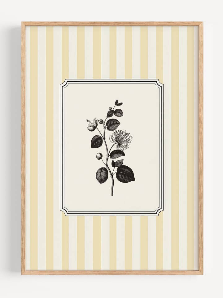 Yellow Stripe Botanical Wall Art Print | Vintage Flower Illustration I183 for wholesale by Peardrop Prints