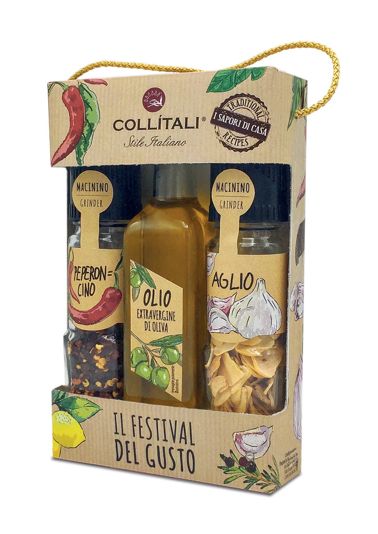 Collitali – Engroshandel Tørret krydderiblanding – Tris Condiments: AOP hvidløg 18 g, extra jomfru olivenolie 100 ml, chili 23 g0