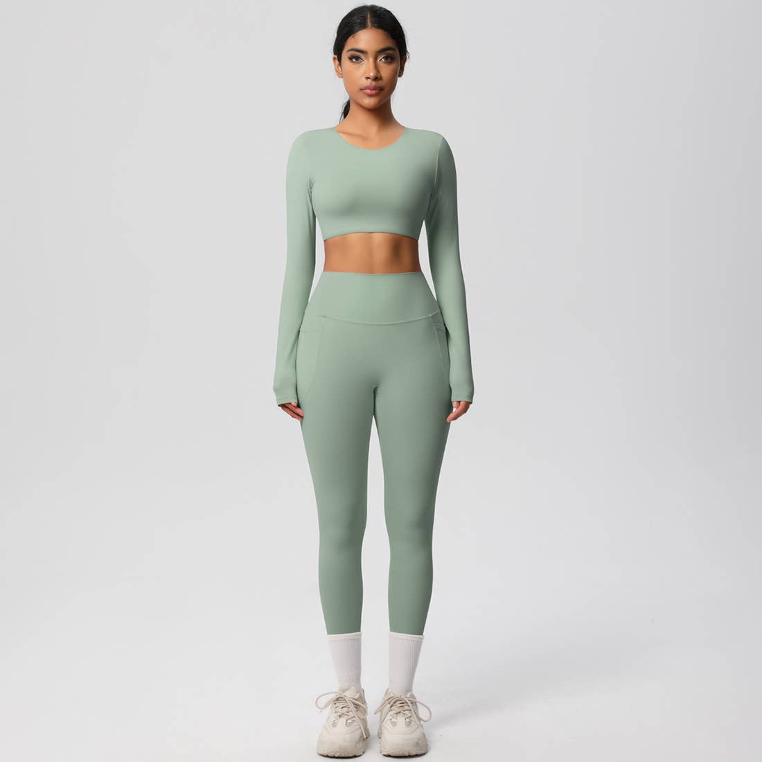 Sodalemon - Wholesale Activewear Set - Women's - Women High-Waist Yoga Set:Cropped Long Sleeve Top + Leggings14