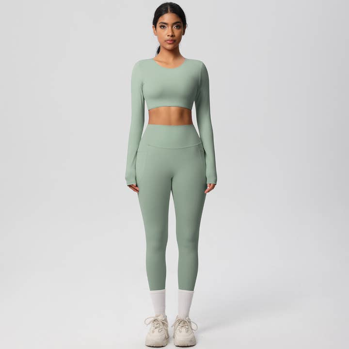 Sodalemon - Wholesale Activewear Set - Women's - Women High-Waist Yoga Set:Cropped Long Sleeve Top + Leggings14