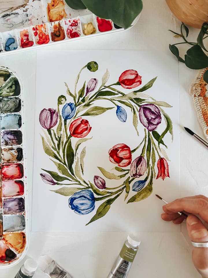 Stampa artistica ad acquerello con corona di tulipani per la vendita all'ingrosso da parte di MacaelaMade