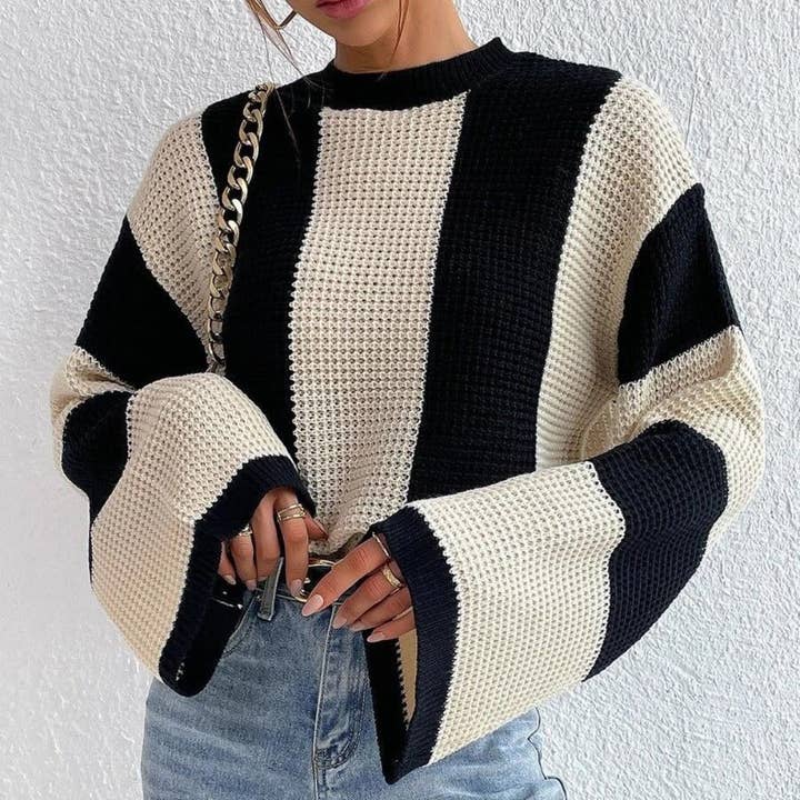 Funkyrel® Atzbranding Limited - Wholesale Knit Sweater - Women's - Crosa - Round Neck Color-Block Knit Sweater