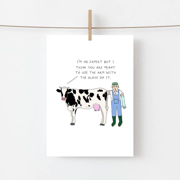 Funny Cow & Farmer Greeting Card for wholesale by AJS STUDIOS