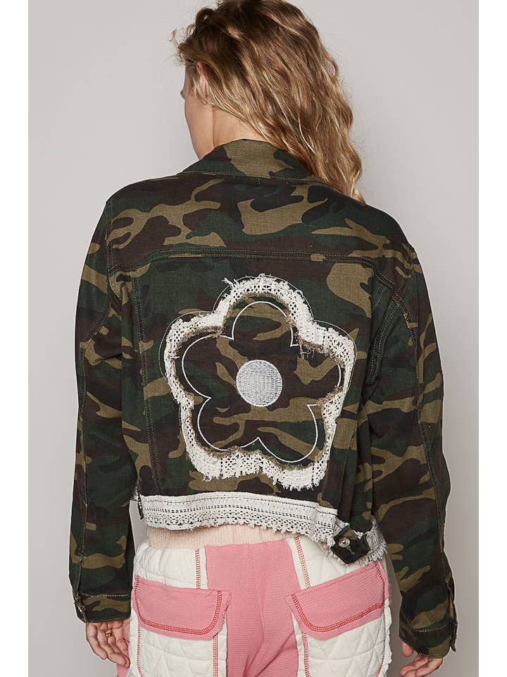 Pol Clothing - Wholesale Jacket - Women's - Vintage washed back flower patch printed jacket