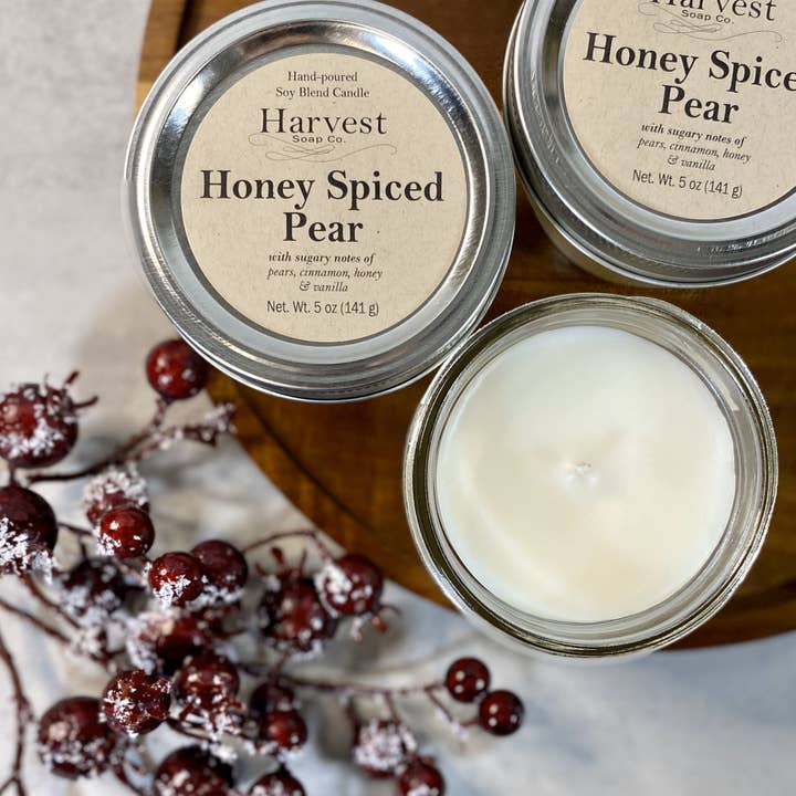 Honey Spiced Pear Holiday Hand Poured 5oz Candle for wholesale by Harvest Soap Company