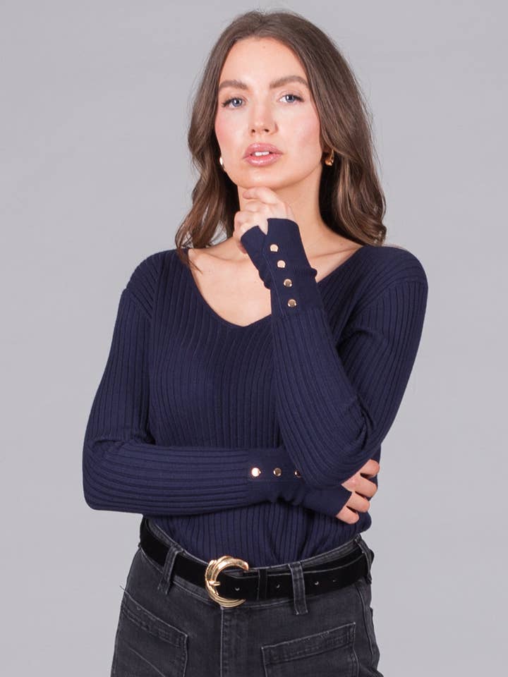 Ribbed V-Neck Jumper with Button Cuffs - Navy for wholesale by SOLO