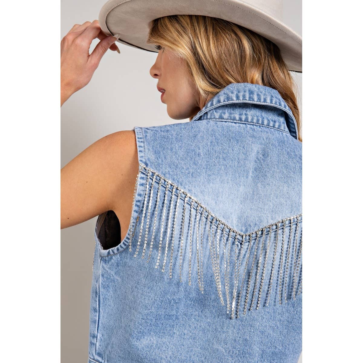 Sweet Generis - Vente Veste sans manches – femme - Veste courte en denim avec franges en strass9