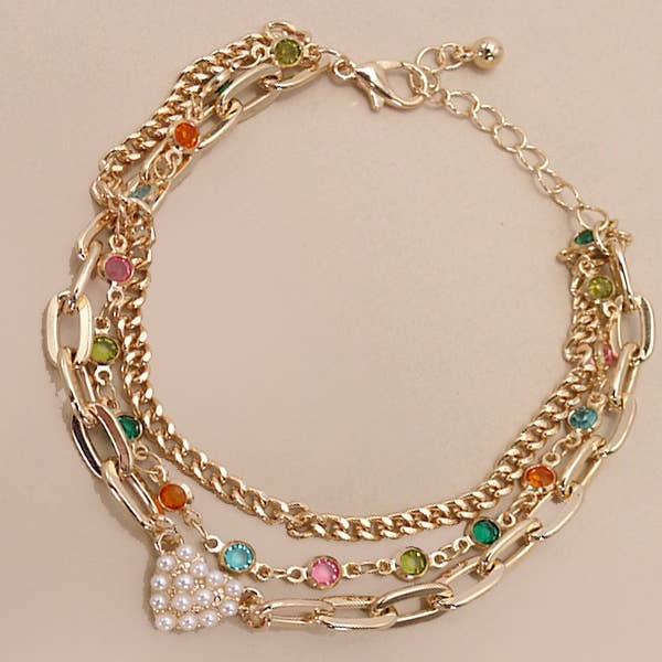 Gold PEARL HEART MULTI STONE MULTI LAYER BRACELET | 80B234 for wholesale on Faire