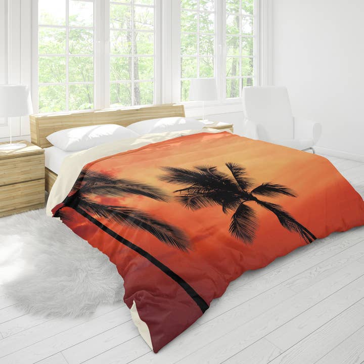 Set copripiumino tramonto rosso 3D con albero di cocco set biancheria da letto federe 68 per la vendita all'ingrosso da parte di Jess Art Decoration