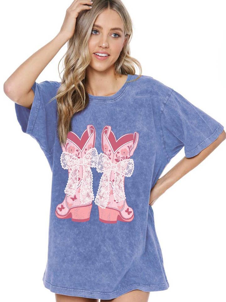 PUFF' Lace Bow Cowboy Boots Graphic S/S Washed Boyfriend Tee for wholesale by Zutter