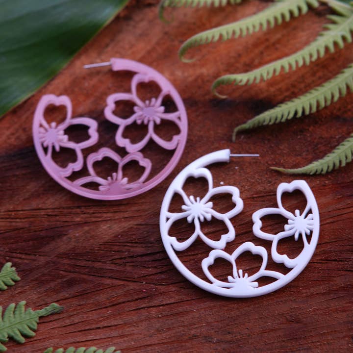 Cherry Blossom Filled Hoops - Laser Cut Acrylic Earrings for wholesale by Kaumana Crochet and Crafts