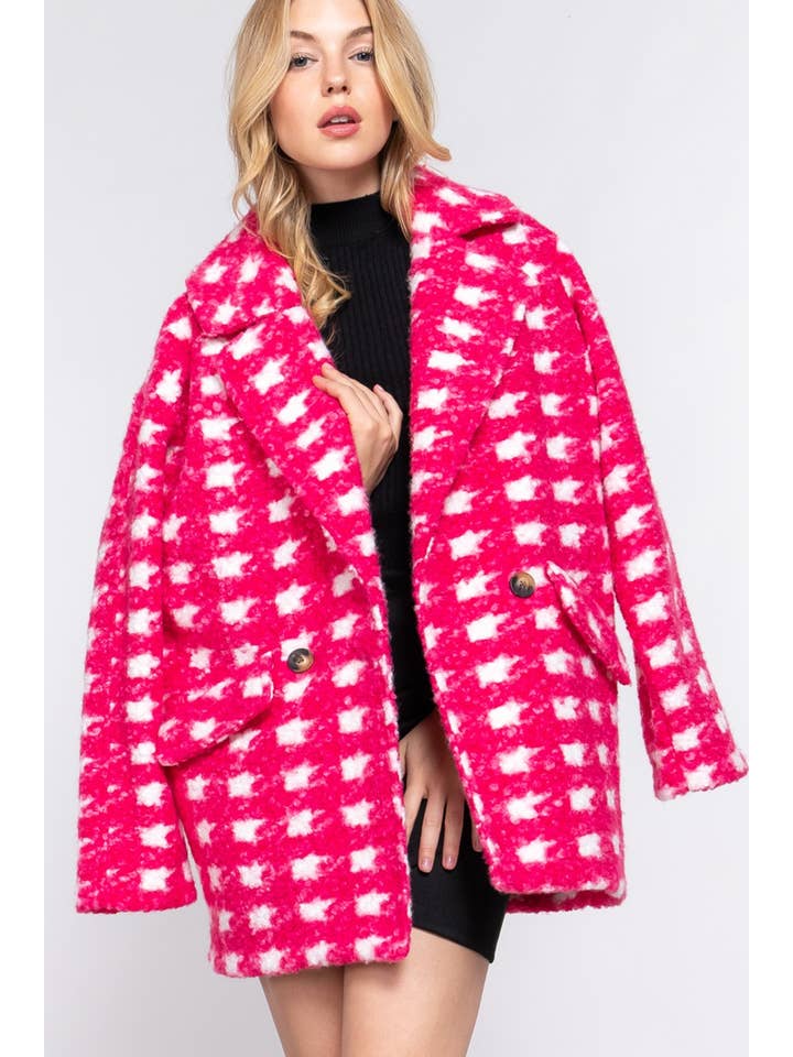 Active Basic | Active USA - Wholesale Coat - Women's - Long Sleeve Double Breasted Check Print Boucle Fleece Coat