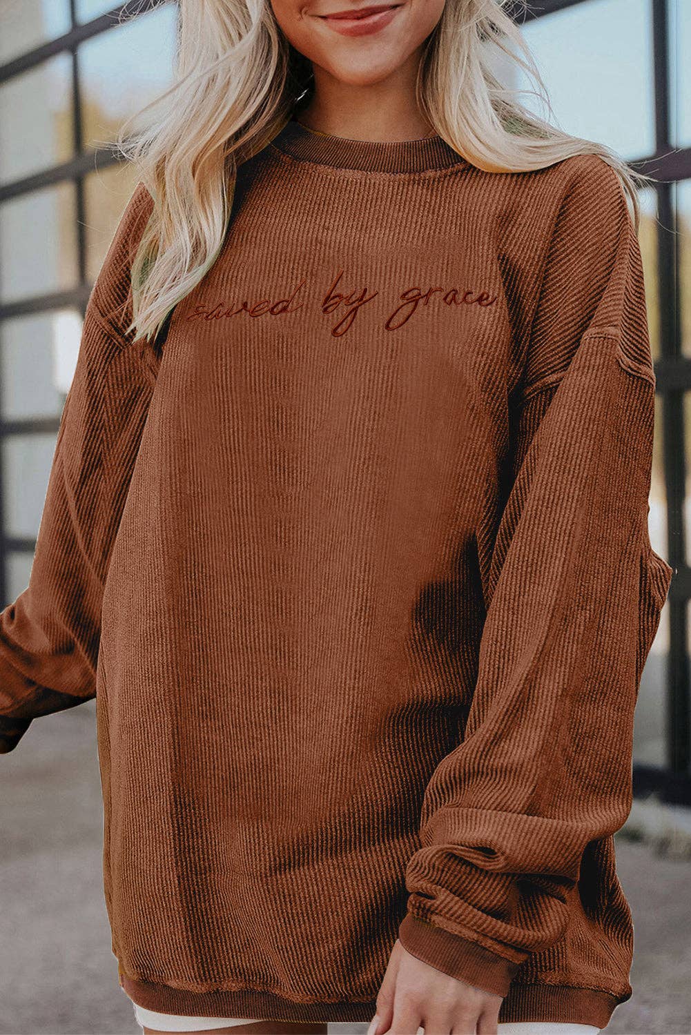 Suhkasana – wholesale Sweatshirt – Women's – Embroidered “saved by grace” Chunky Knit Crewneck Sweater6