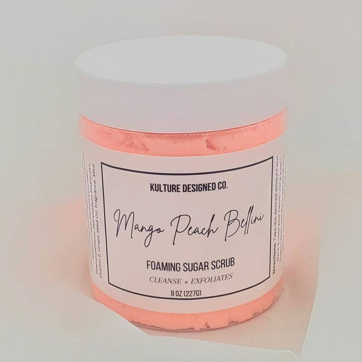 Mango Peach Bellini skummande sockerskrubb för wholesale av Kulture Designed Co.